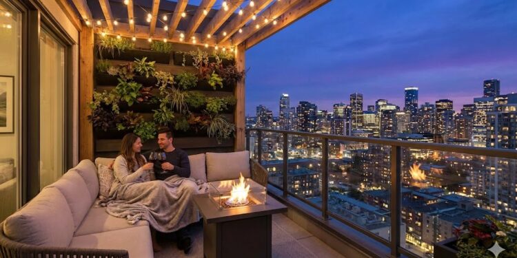 זוג יושב מברפסת בדירה חדשה